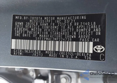 2021 Toyota Corolla Le z USA, uszkodzony, nr VIN 5YFEPMAE2MP224739